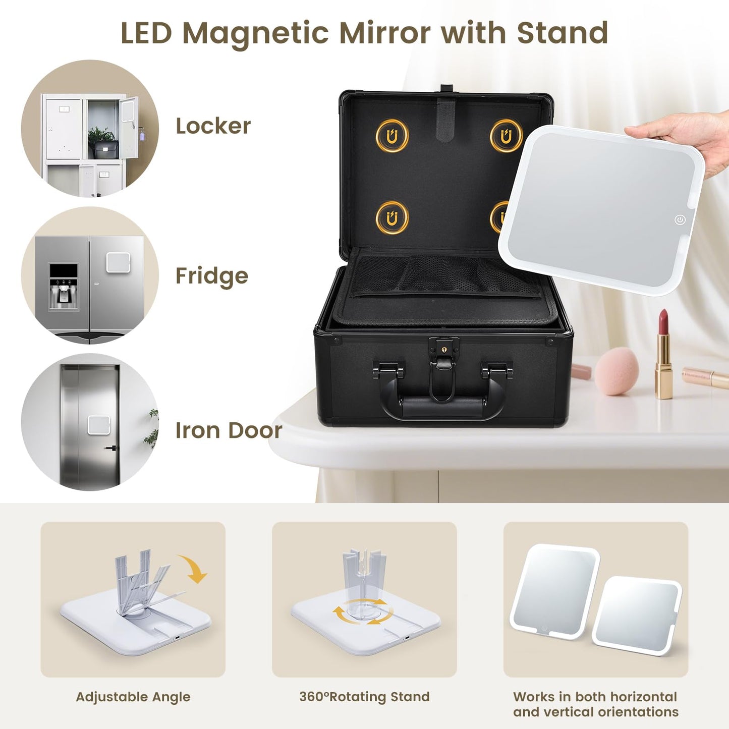 Faquenc Makeup Case with Lighted Vanity Mirror, Makeup Organizer Box Travel Make up Case with LED Mirror Portable Cosmetic Train Case for Countertop Lockable Makeup Suitcase with Adjustable Dividers