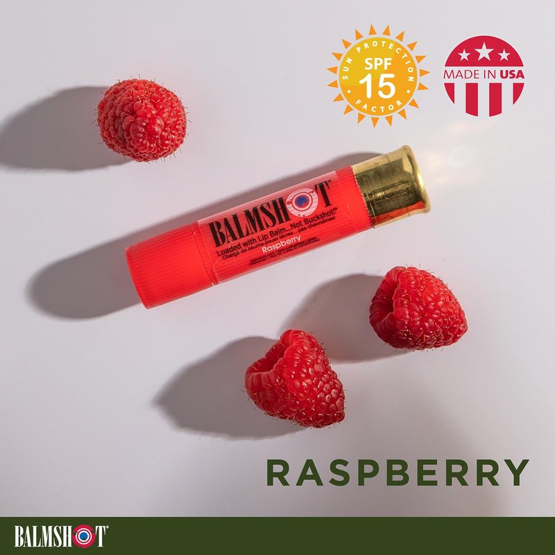 BALMSHOT Raspberry Lip Balm SPF 15 (4-Pack) – Beeswax Chapstick for Dry Chapped Lips, 20-Gauge Brass Shotgun Shell Tube, Heat Resistant, Long Lasting Lip Moisturizer for Men & Women, Made in USA