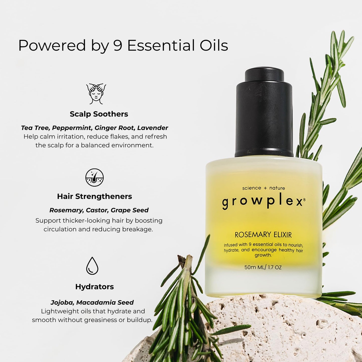 Growplex Rosemary Elixir – Daily Scalp Oil with 9 Essential Oils – Lightweight, Non-Greasy Formula for a Healthy-Looking Scalp – For Men & Women – 2oz