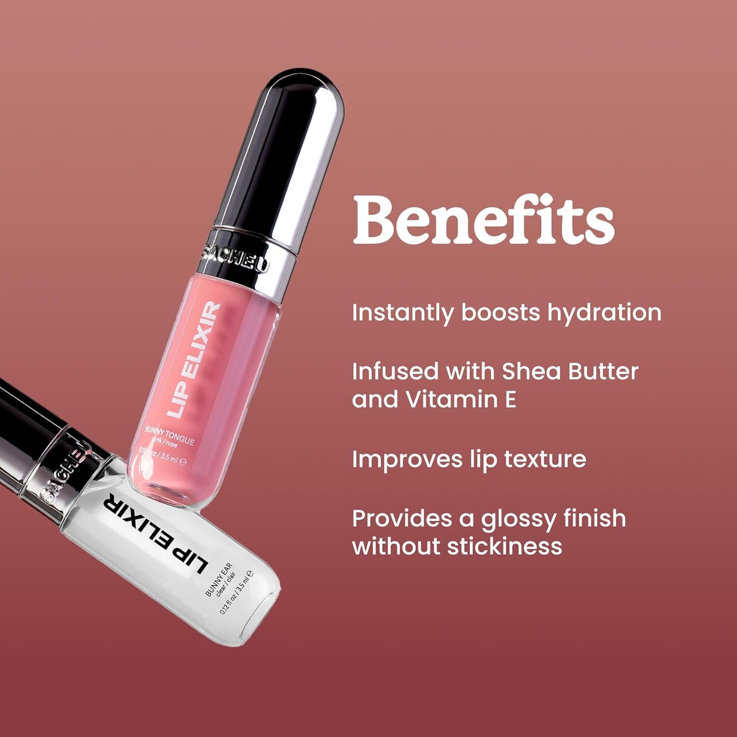 Sacheu Lip Elixir - Nourishing Hydrating Lip Gloss with Collagen | Non-Sticky High-Shine Finish (Bunny Tongue)