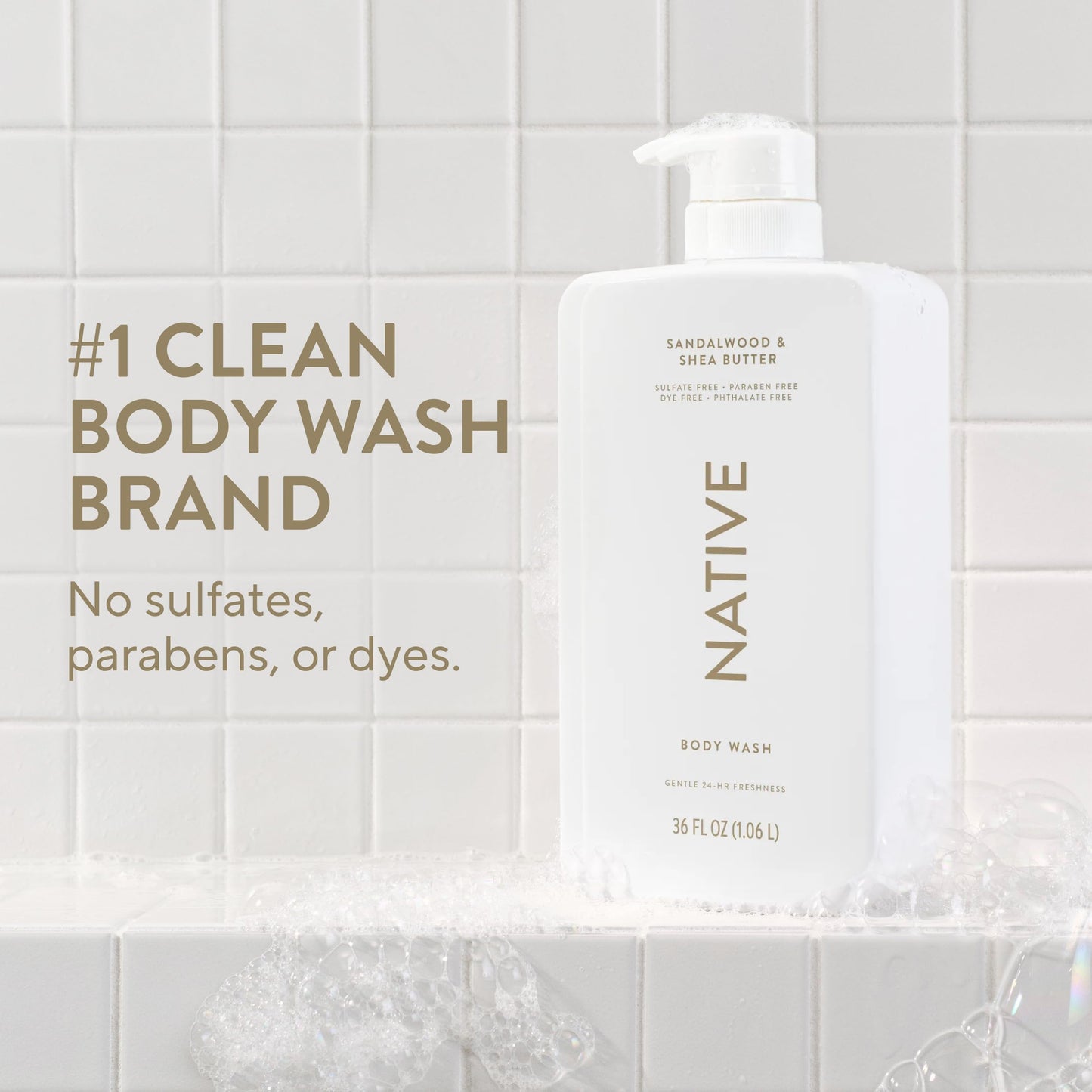 Native Body Wash for Women & Men, Sandalwood & Shea Butter, 36 oz Pump Bottle, Sulfate-Free & Gentle