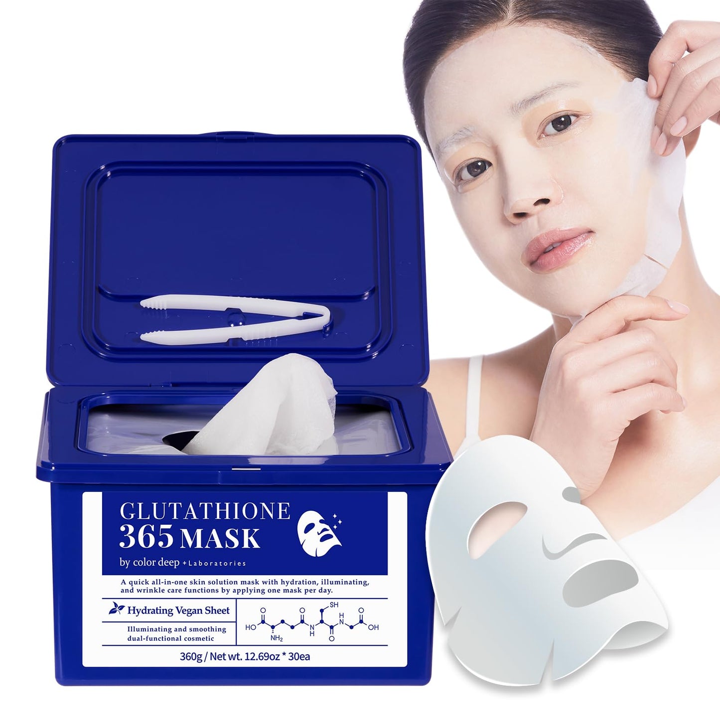 Color Deep Glutathione 365 Mask(1pack, 30sheets, 360g)/ 99% Pure Glutathione, 100% Plant-Based Vegan Sheet quick all-in-one skin solution mask with hydration, illuminating, and wrinkle care functions