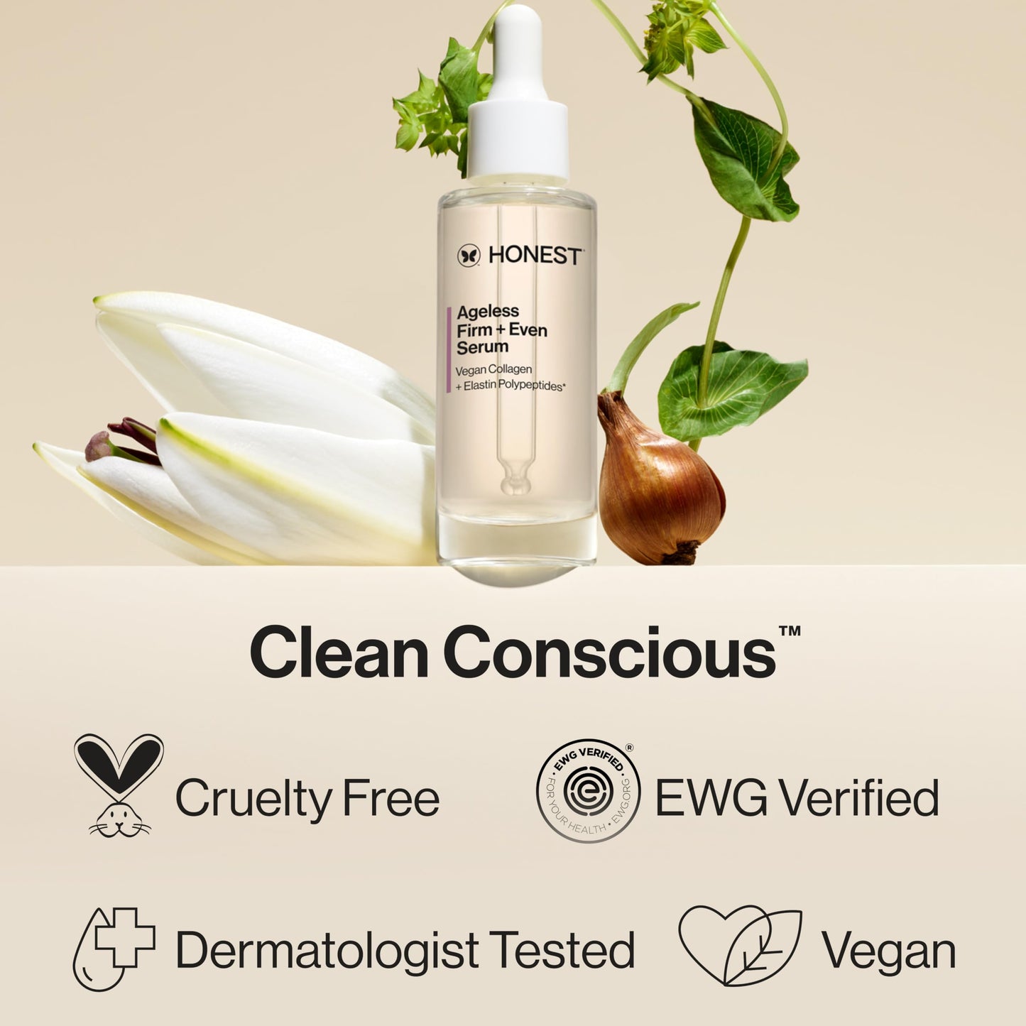 Honest Beauty Ageless Firm and Even Serum, Powered by Vegan Collagen Elastin Polypeptides, Firmer-Looking Skin, Fragrance Free, EWG Verified, Cruelty-Free, 1 fl oz