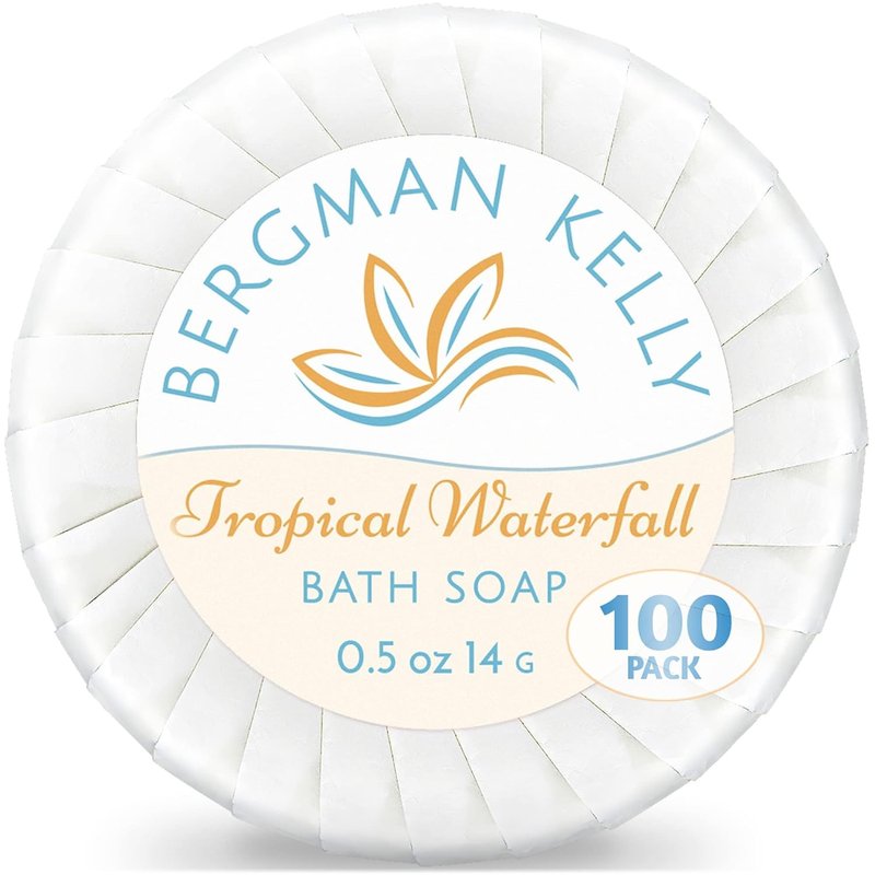 Bergman Kelly Hotel Soap Bars | Tropical Waterfall Scent, 0.5 oz, 100 Pack - Travel Size Mini Toiletries for Airbnb & Motels