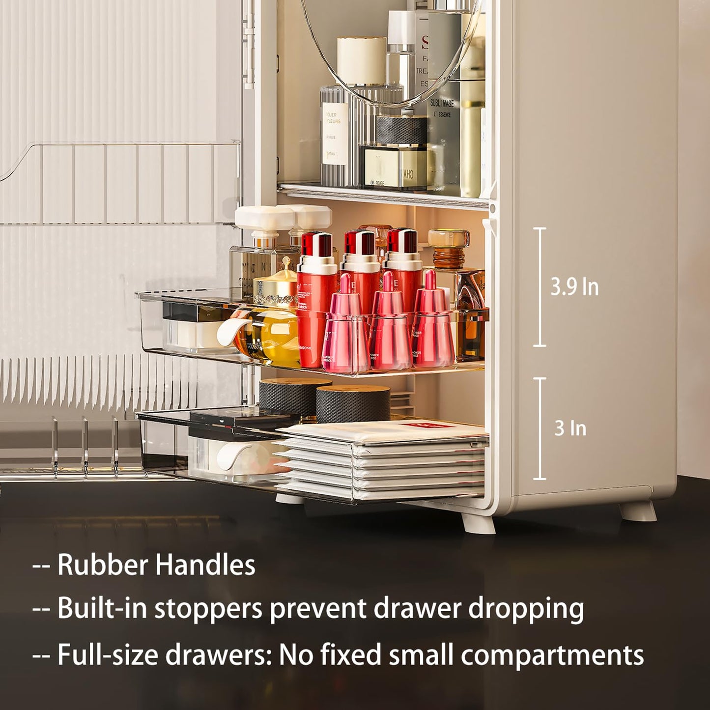 MORNITE Makeup Organizer with Drawers for Vanity & Bathroom, Cosmetic Storage Cabinet for Skincare, Beauty, Brushes, Perfume. Large Countertop Display Case with Cover Lid, Cream White