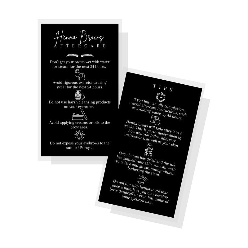 Brow Henna Aftercare & Tips Cards 50pk 2 x 3.5” Brow Artist Supplies Henna Brow Care Black and White Design