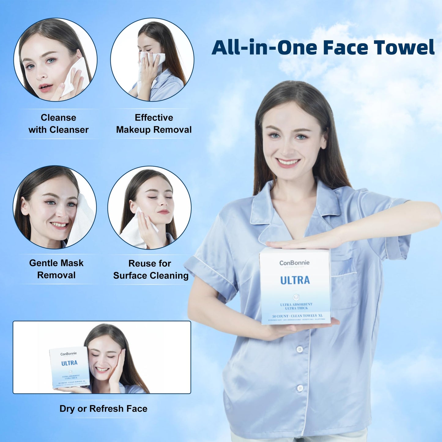 Conbonnie Clean Face Towels XL, Thickened Design, 10"×12" Biobased Facial Towels, Disposable Face Towelette, Makeup Remover Dry Wipes for Skin Care, Clean Skin, 200 Count (4 Pack)