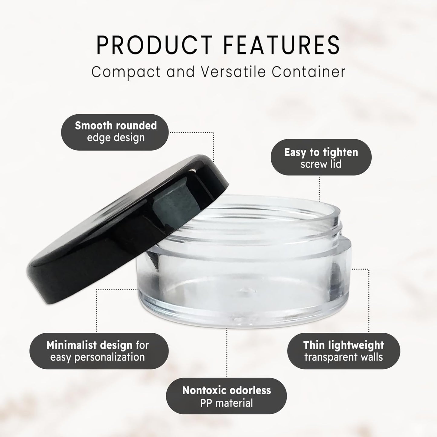 Beauticom Round Clear Jars - 5G/5ML with Black Lids for Beads, Gems & Crafts | 200-Pack