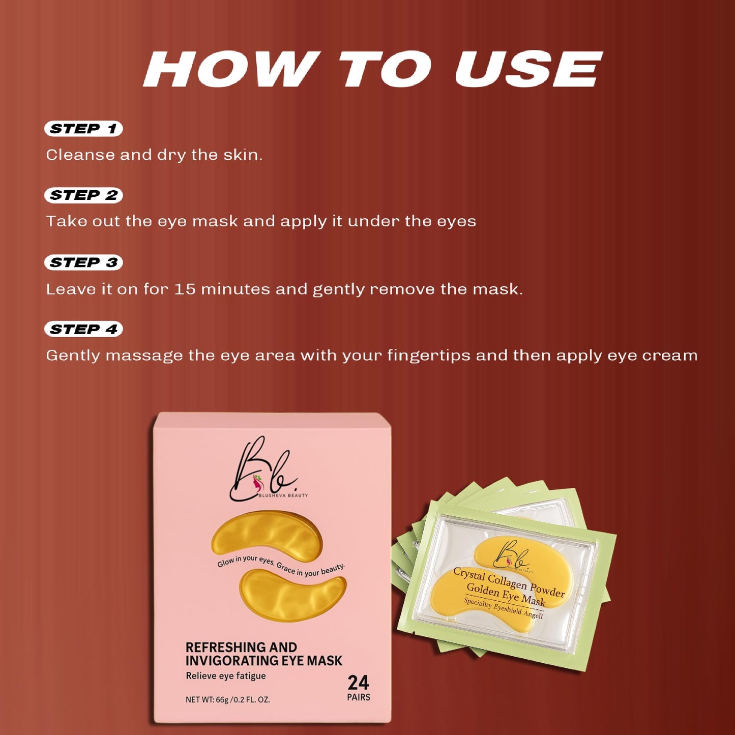 Blusheva Beauty Gold Under Eye Masks 24 Pairs Collagen & Hydrating Gel Eye Patches for Dark Circles, Puffy Eyes, Fine Lines & Anti-Aging Skincare Vegan, Cruelty-Free Self Care Essentials