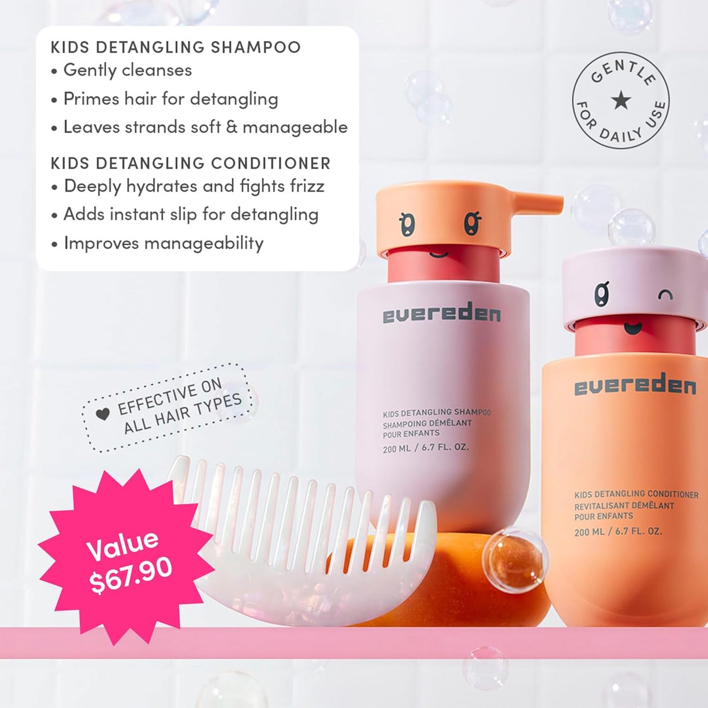Evereden Kids Haircare Set - Detangling Shampoo & Conditioner | Vegan, Plant Protein Peptides & Argan Oil, Ages 3+