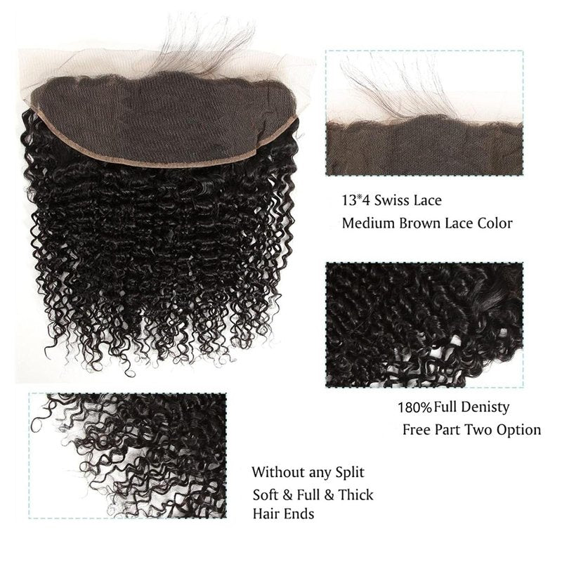 16 Inch 13x4 Lace Frontal Kinky Curly Human Hair 180% Density Unprocessed Deep Curly Virgin Hair 13x4 Ear to Ear Lace Closure Frontal Natural Color(13x4 Kinky Curly, 16 Inch)