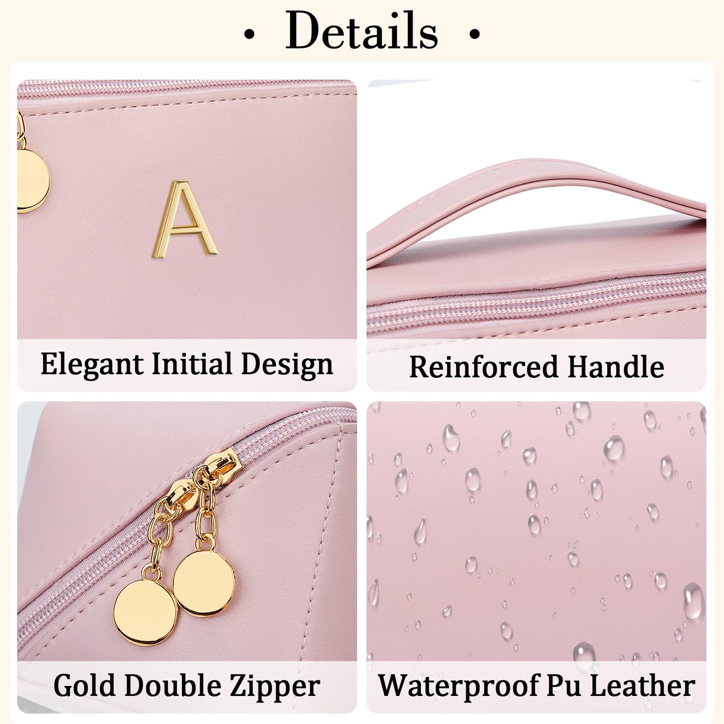 CLOUDWINGS Birthday Gifts for Women Teen Girl, Personalized Initial Makeup Organizer Bag Set, Open Flat Travel Cosmetic Bag With Clear Divider and Handle(Pink,A)