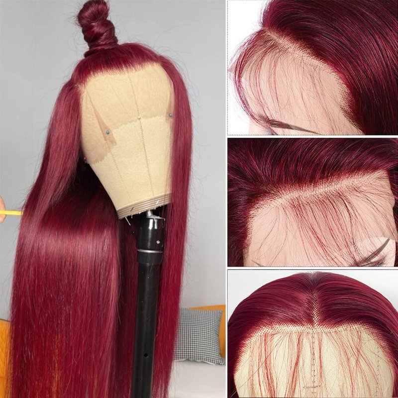 QMSSR Burgundy Red Lace Front Wig Long Straight Synthetic Lace Front Wigs for Women Glueless 13x3 Lace Heat Resistant Fiber Hair Wig Natural Hairline Baby Hair
