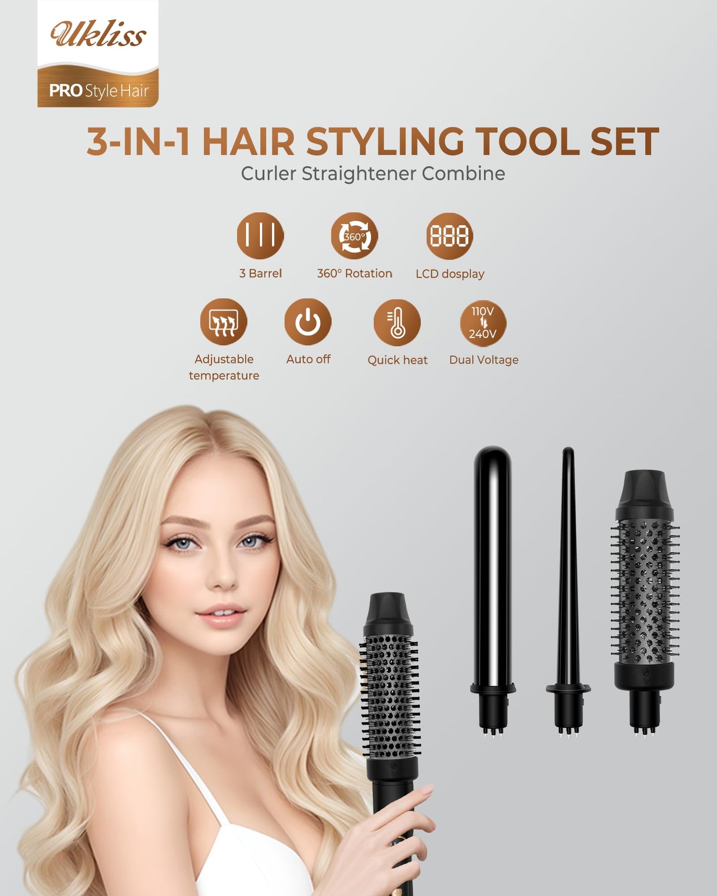 Ukliss 3 in 1 Curling Iron Set, Heated Round Brush for Straightening Curling Detangling, Ceramic Curling Wand for Versatile Styling, Dual Voltage Curling Iron Travel Friendly (Black)