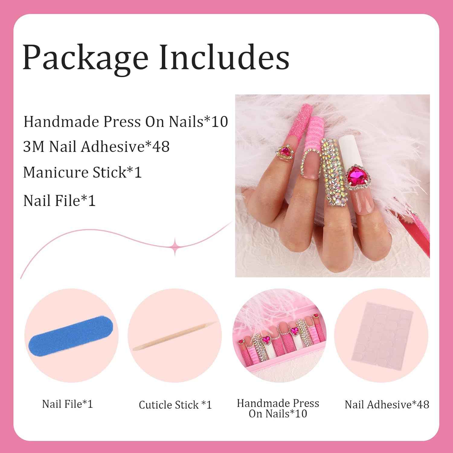 Luxury Pink Acrylic Nail Tips with Crystals - Reusable Long Square Press-On Nails (10 Pcs, Size M)