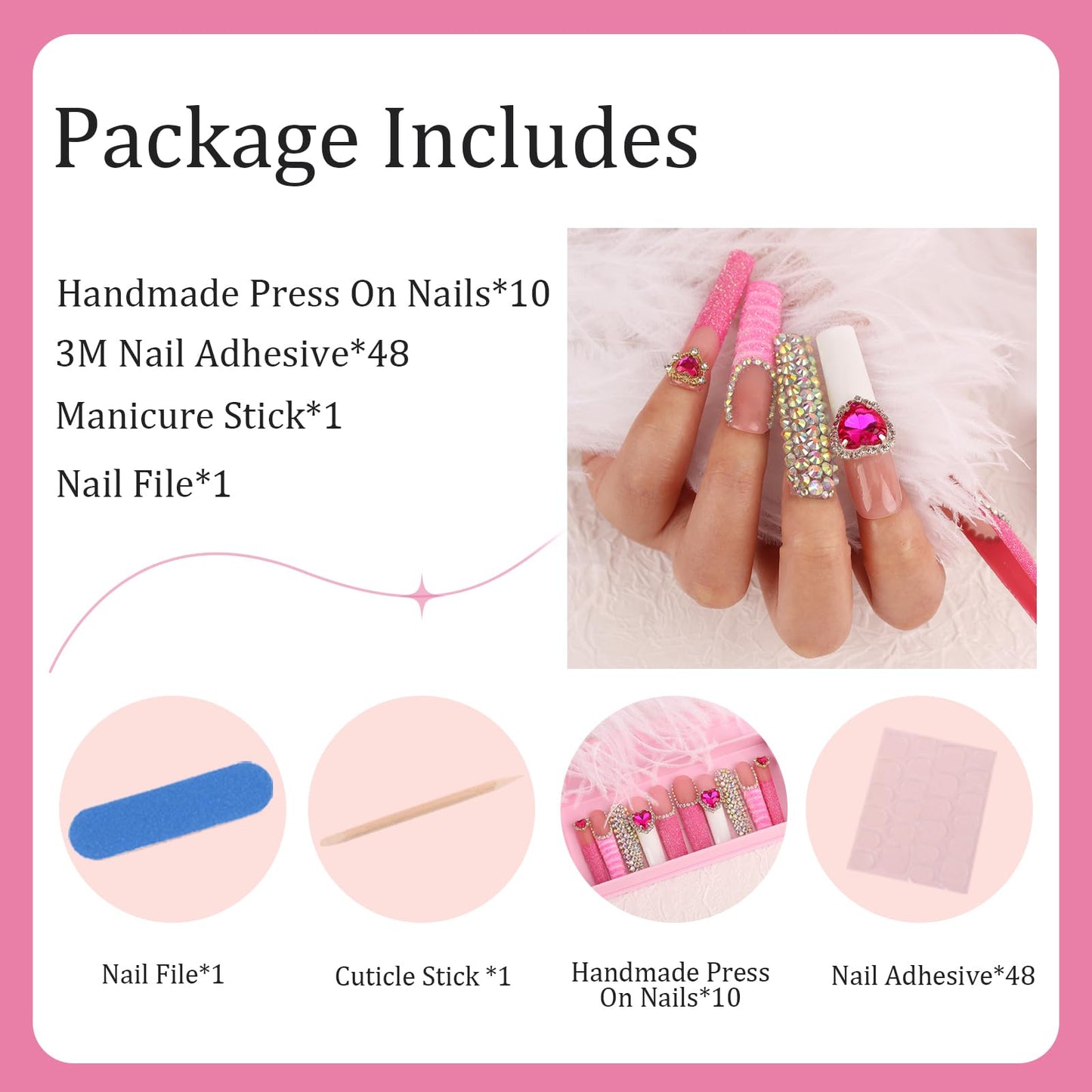 Handmade Long Acrylic Nail Tips, Pink Press on Nails with Full Covered Crystals, Fake Luxury Diamond Nails, Long Square False Nails, Gifts for Women, Reusable Stick On Nails 10Pcs,Bluish pink Size M