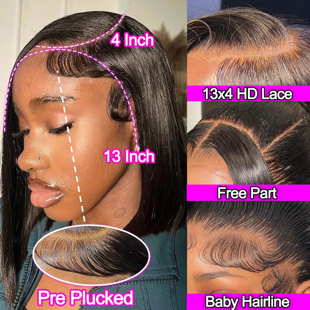 CISWER Short Bob Wig Human Hair Straight 13x4 Lace Front Wig Human Hair Bob Wigs for Black Women Glueless 180 Density Black Wig 12 Inch
