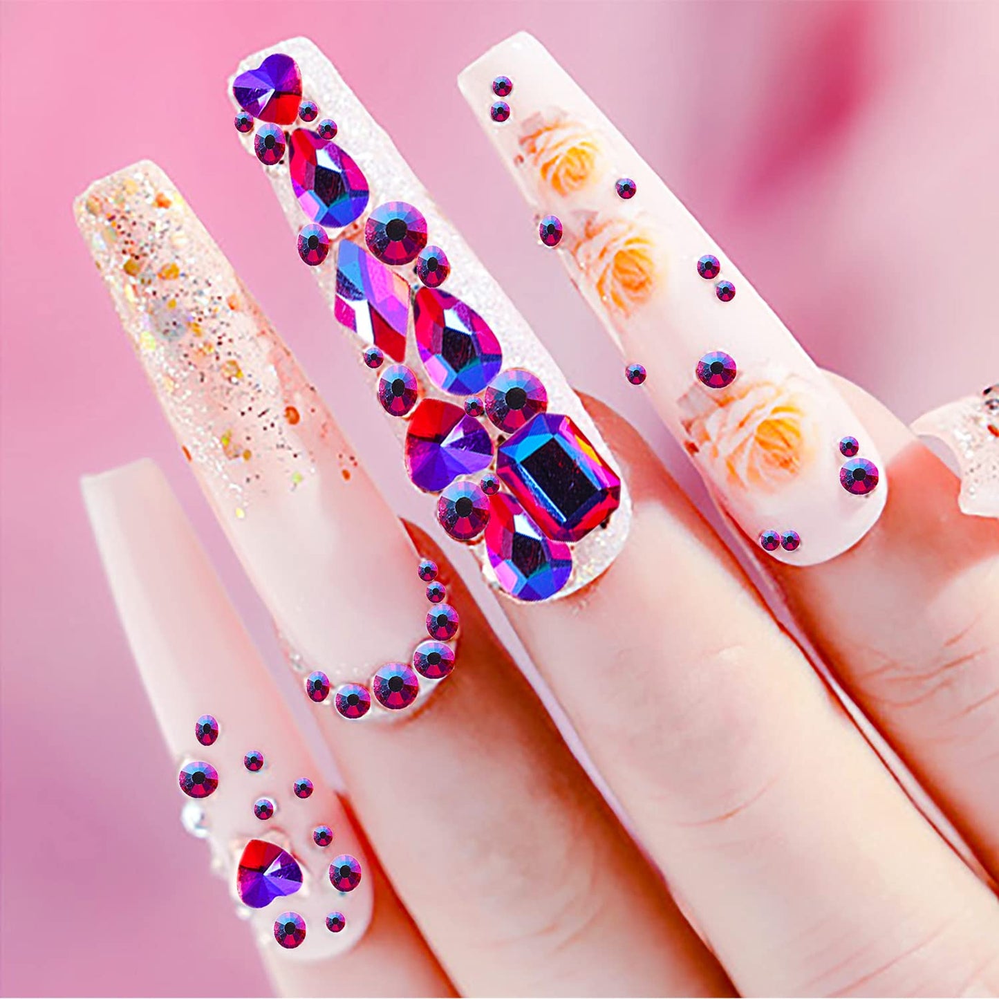 JERCLITY 1620pcs Flat Back Rose AB Nail Rhinestones Pink Nail Rhinestones for Nails Round Beads Crystals Glass Gems Stones Multi Shapes Sizes Nail Rhinestones for Nail Face Art Clothes Shoes Bags DIY