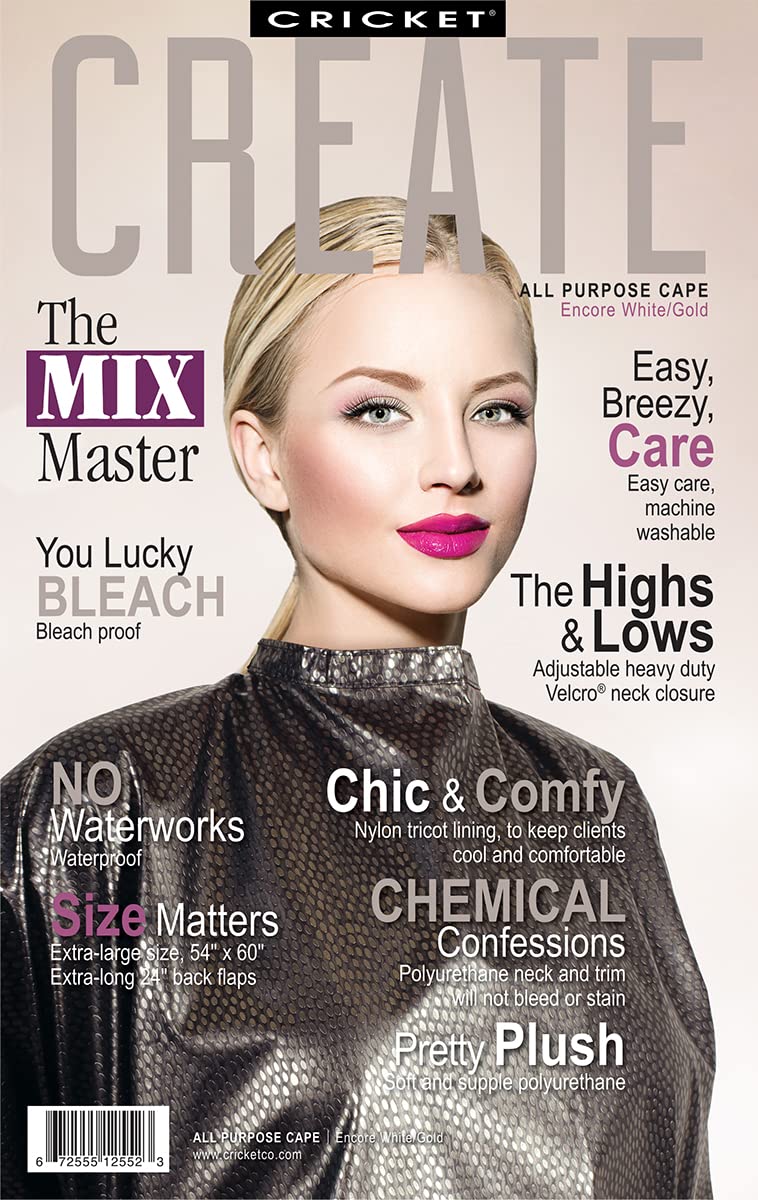 Cricket Encore All Purpose Professional Salon Cape - Waterproof, Bleach Proof, Adjustable Neck - Extra-Large Coverage, White Gold