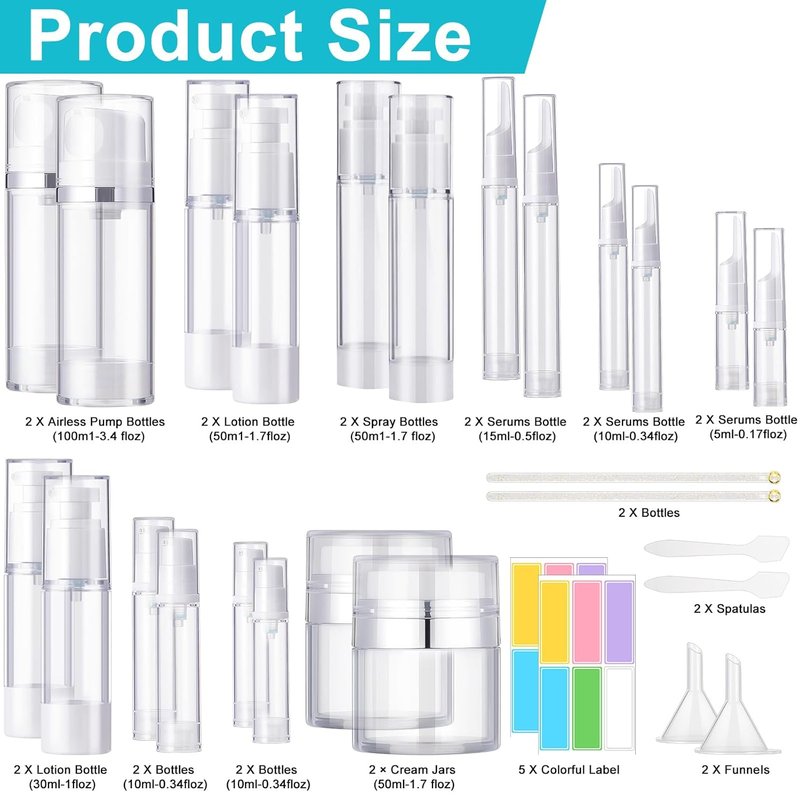 Airless Pump Jars Set - 32 Pack Refillable Travel Cosmetic Containers | Mini Leak-Proof Atomizer Spray Bottles for Skincare, Lotion, Shampoo (3.4/1.7/1/0.34oz)