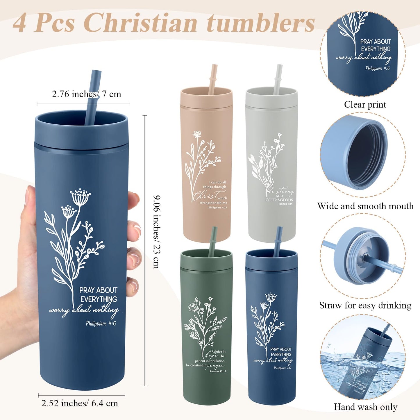 Fumete 4 Set Christian Appreciation Gifts for Men 16oz Skinny Cup Religious Cosmetic Bag and Bible Verse Keychain Church Gifts for Women Father Dad Teacher Nurse(Classic Color,Floral)