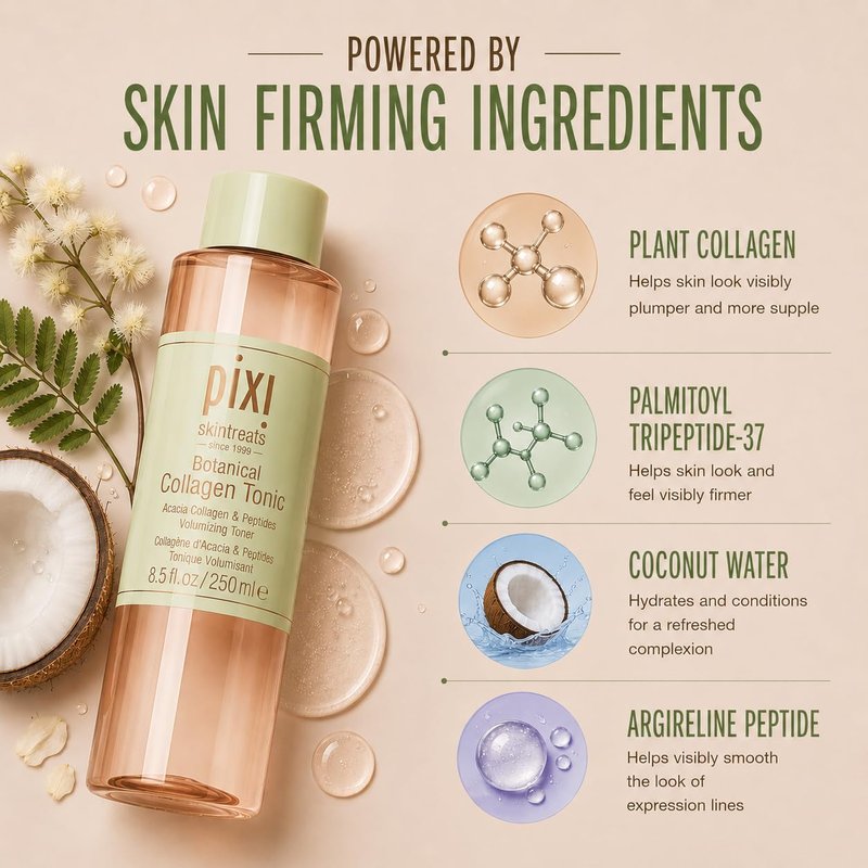Pixi Botanical Collagen Tonic, Volumizing & Hydrating Toner, Enhanced with Peptides & Botanicals to Firm & Revitalize, Alcohol-Free Daily Moisturizing Toner, 100 ml / 3.4oz