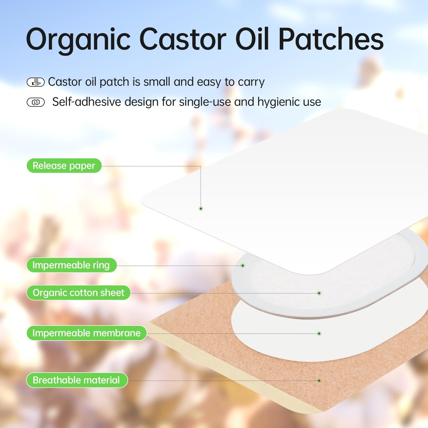 Castor Oil Patches Kit 30 Pack, With 8 oz Organic Cold Pressed Castor Oils, Comfortable Organic Cotton Castor Oil Pack Wrap for Stomach, Belly Button and Liver Detox Ect, Easy of Use and Hygienic
