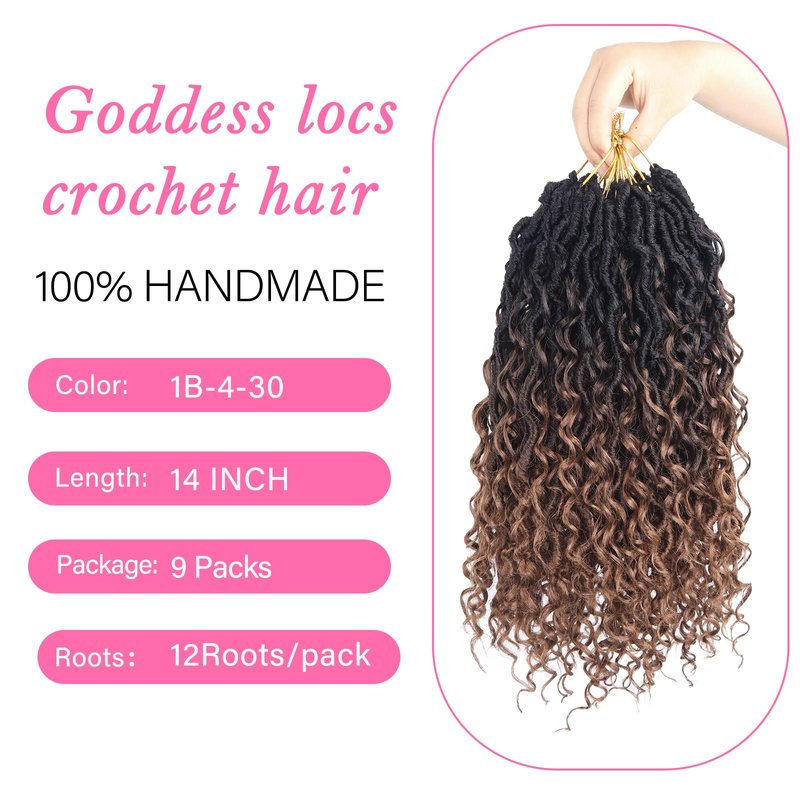 Sosihua Goddess locs crochet hair, 9 packs soft boho faux locs with curly ends bohemian crochet dreads for black women 14 Inch (Pack of 9)#1B-4-30