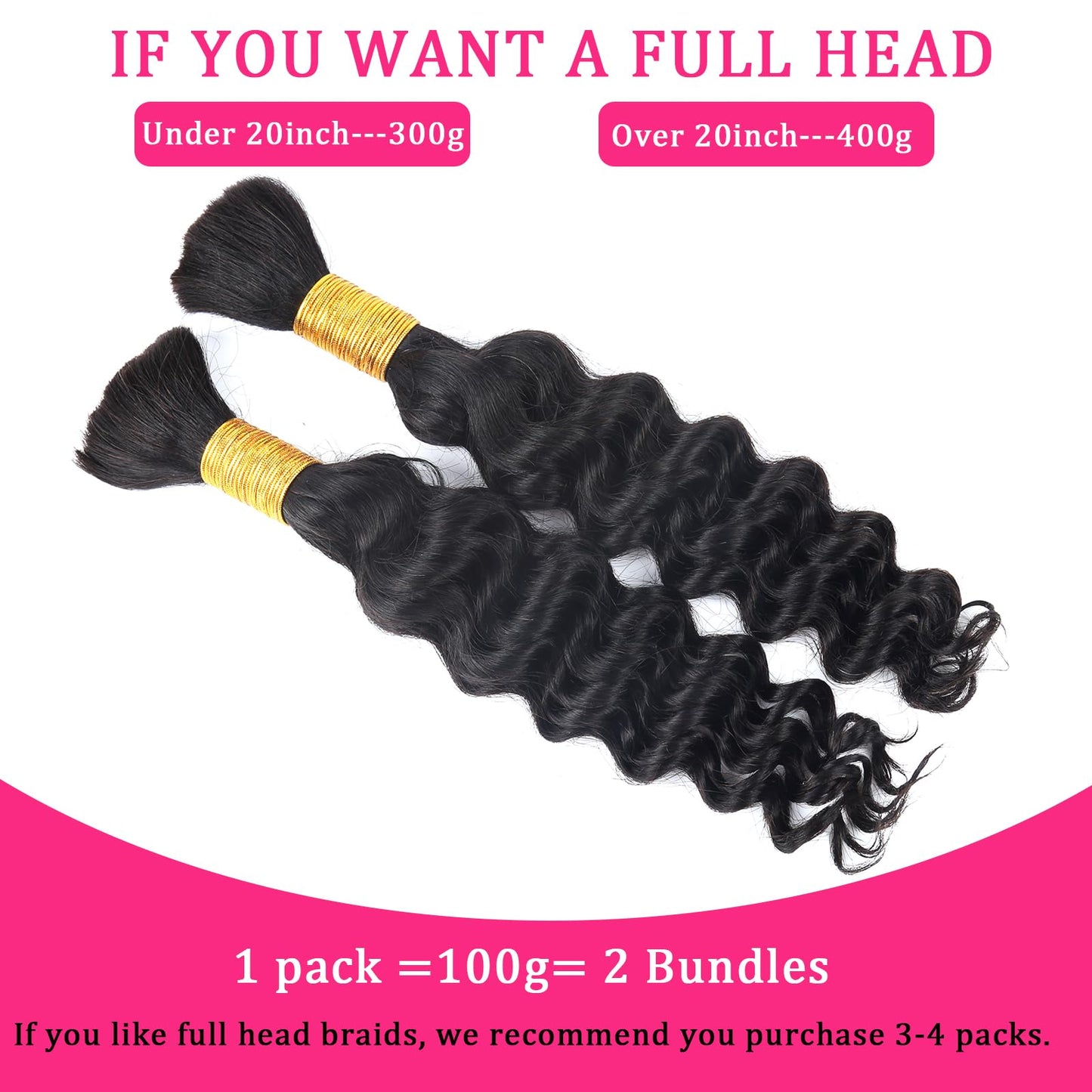 B-Fashion Human Braiding Hair for Boho Braids Deep Wave Bulk Human Hair for Braiding 18 Inch 2 Bundles 100G 100% Brazilian Wet and Wavy Curly Extensions No Weft Bundles