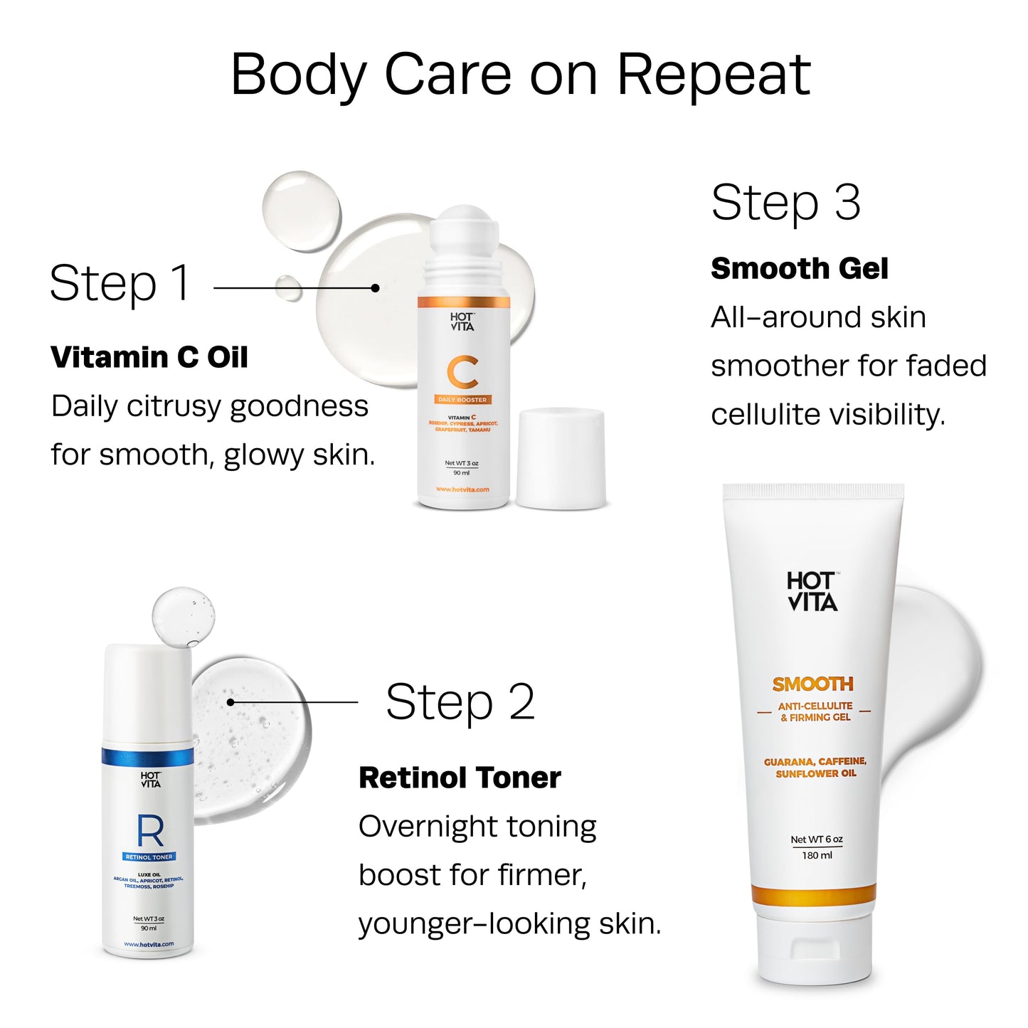 Hot Vita Retinol Toner – Roll-On Oil with Retinol for Smoother, Firmer-Looking Skin – Targeted Care for Belly, Thighs, Arms & Legs – Helps Improve Texture and Appearance