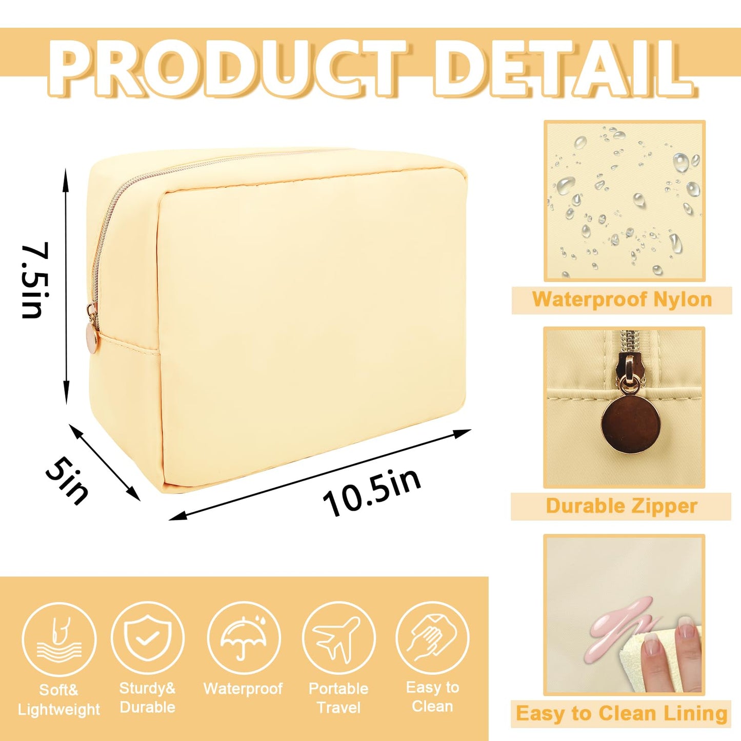 UIXIZQ Large Makeup Bag Pouch,Nylon Women Travel Toiletry Storage Bag Preppy Cosmetic Bag for Girls,Big Makeup Organizer Bag Cute Zipper Pouch Skincare Bag for Sport Work Gift(Large-Sand)