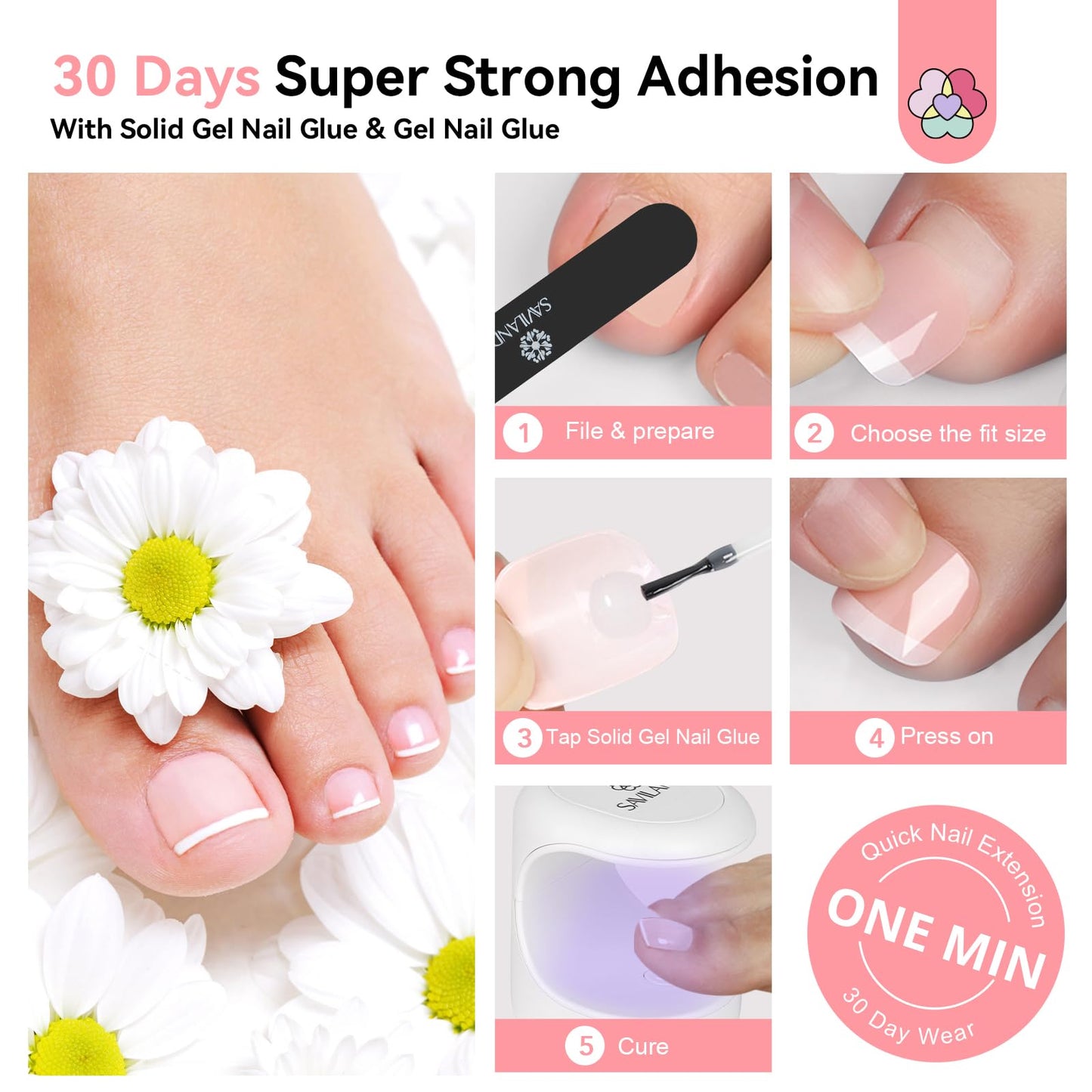 SAVILAND Gel Nail Kit for Toe: 18 Sizes All-In-1 Gel Nail X Kit with U V Light 216 Pcs Pink Toe Nail Press On with Solid Nail Glue VE & Castor Oil LED Nail Lamp Nail Drill Professional DIY Manicure