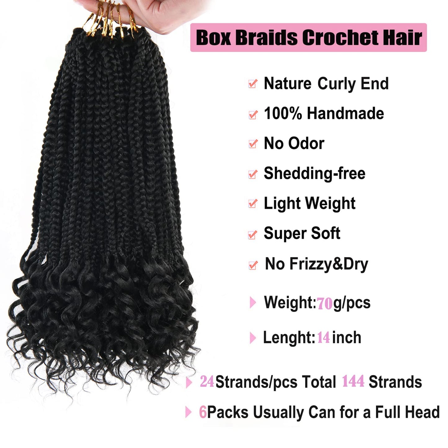 Crochet Box Braids - 14-Inch Pre-Looped Black Braid Hair Extensions with Curly Ends | 144 Roots per Pack, 24 Strands per Piece