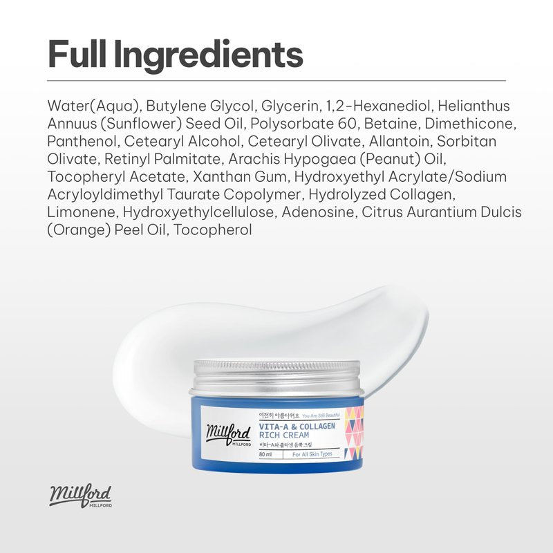 Millford Vita A & Collagen Rich Cream 80ml/2.7 Oz, Fish/Marine Collagen, Face Cream, Anti Aging, Facial Moisturizer, Wrinkes, Fine Lines, Retinyl Palmitate, Korean Skincare