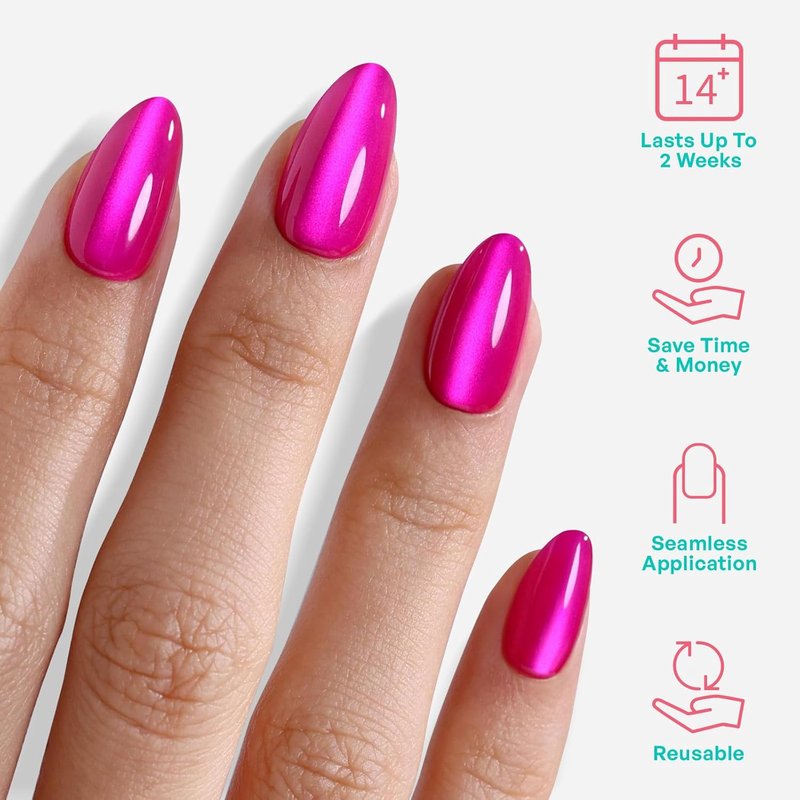 Almond Cat Eye Press-On Nails - Hot Pink Soft Gel Fuchsia | 32 Pcs Reusable in 16 Sizes