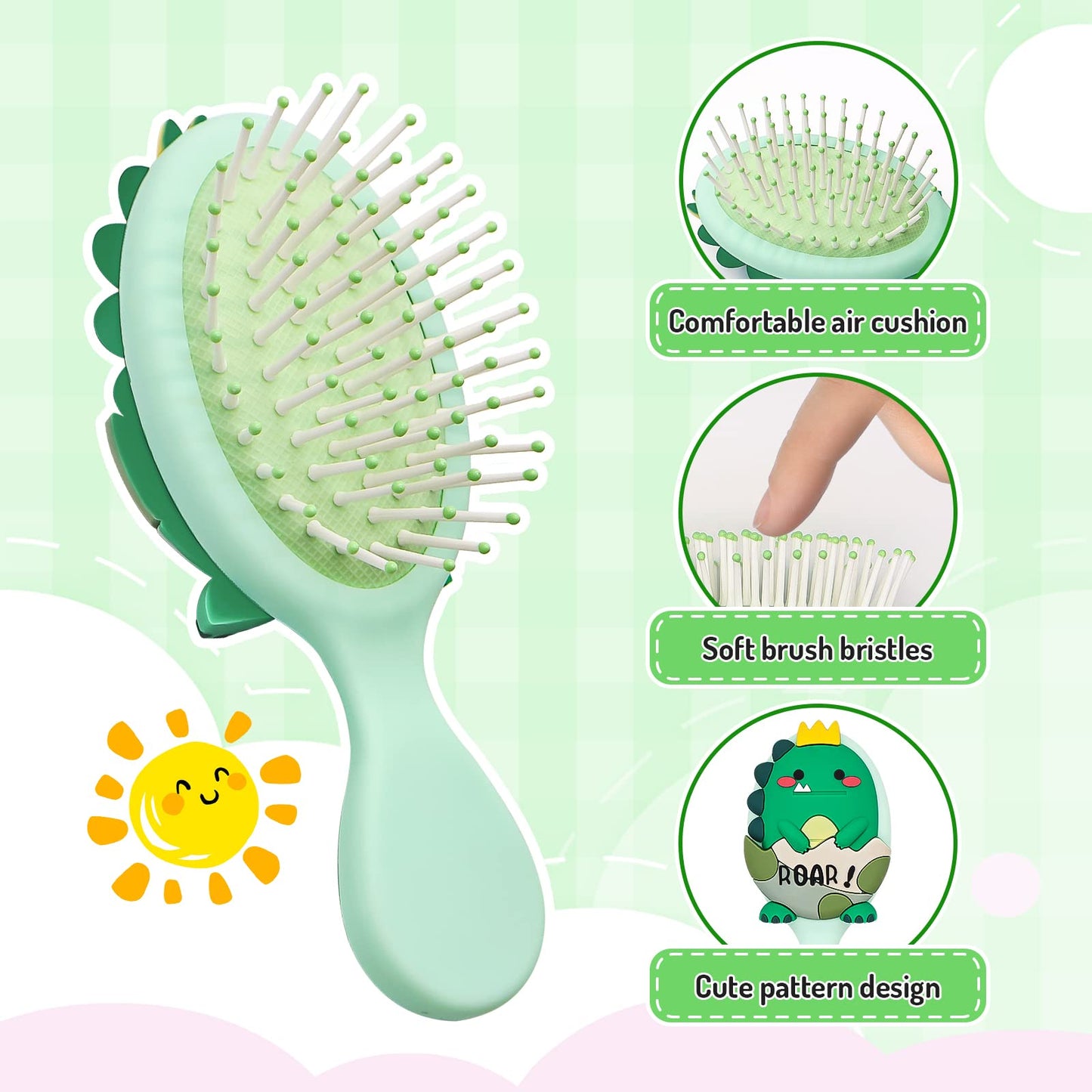 DINATIS Toddler Hair Brush - Mini Hair Brush for Kids - Travel Brush for Boys and Girls - Baby Detangler Brush for Thin Hair - Dinosaur Brushes with Air Cushion - Green