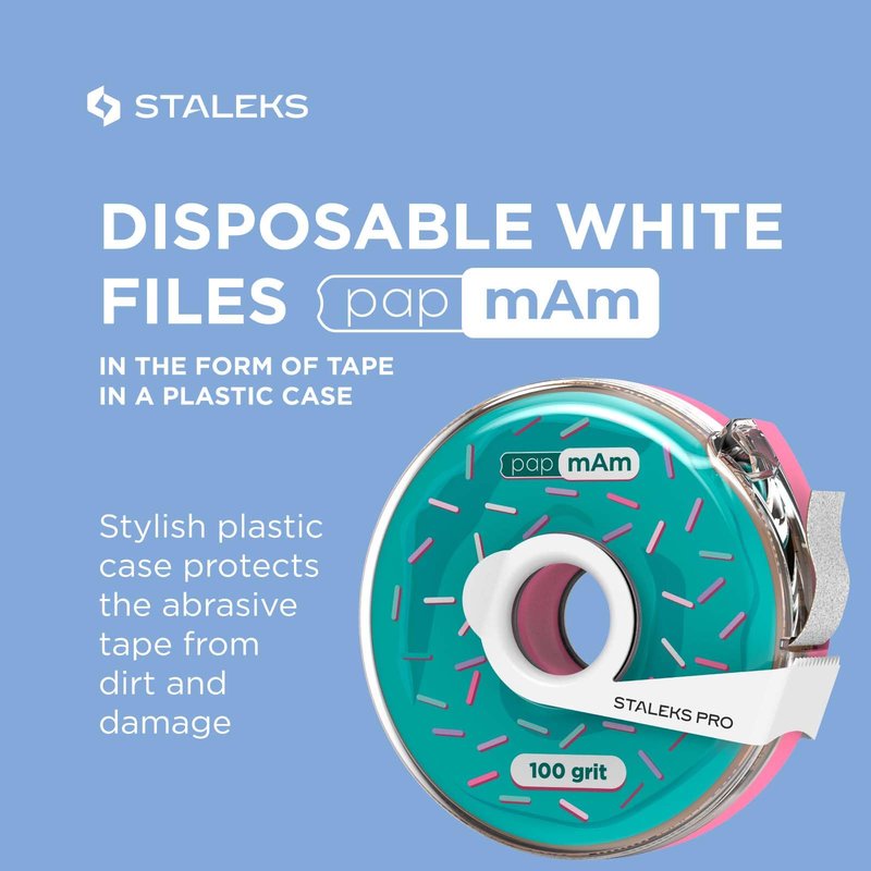 STALEKS PRO Disposable White Abrasive Tape papmAm Expert – 100 Grit – 7m Roll in Plastic Case – Glueless Replaceable Abrasive – Professional Nail Shaping – Manicure & Pedicure