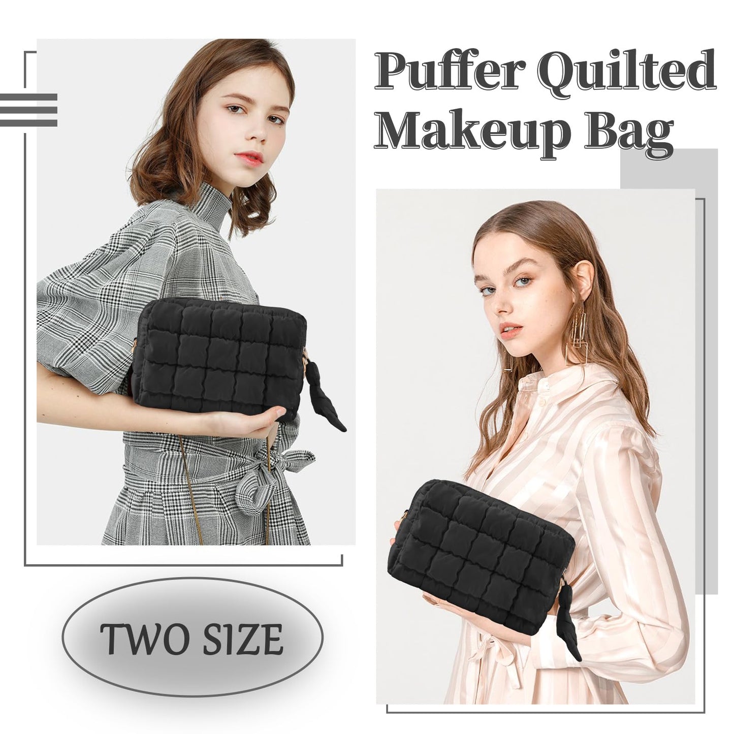 Puffer Quilted Makeup Bag Cosmetic Bags,Puffy Travel Toiletry Pouch for Women,Cute Checkered Zipper Bag Travel Essential,Portable Aesthetic Make up Organizer Bag for Gifts Work Daily(Black,M)