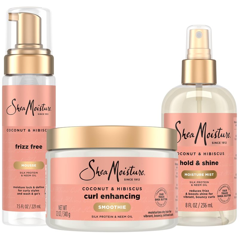 SheaMoisture Curl Care Bundle, Coconut & Hibiscus, Locks Enhancing Smoothie, Hold & Shine Moisture Mist, Frizz Free Mousse for Curly Hair, Wavy Styles, Natural