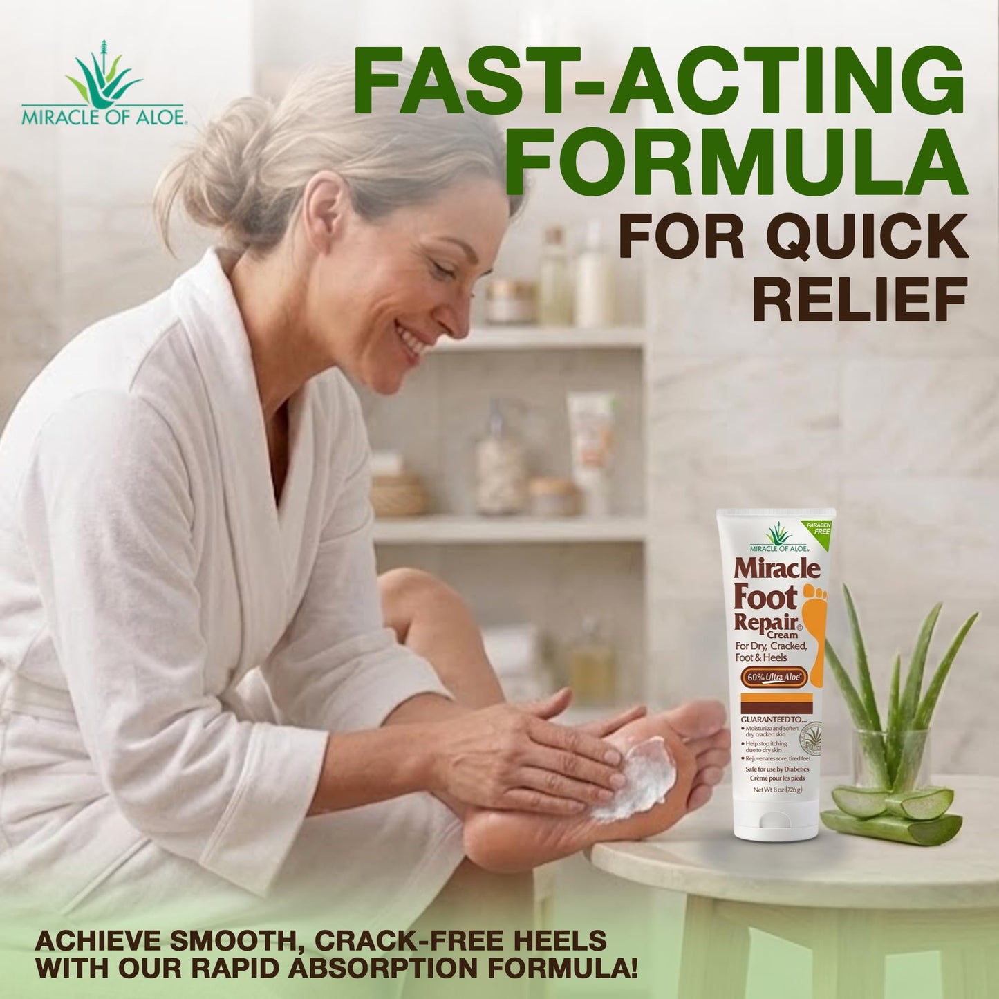 Miracle Foot Repair Cream (8 oz / 2-Pack) Repairs Dry Cracked Heels and Feet, 60% Pure UltraAloe Moisturizes, Softens, and Repairs