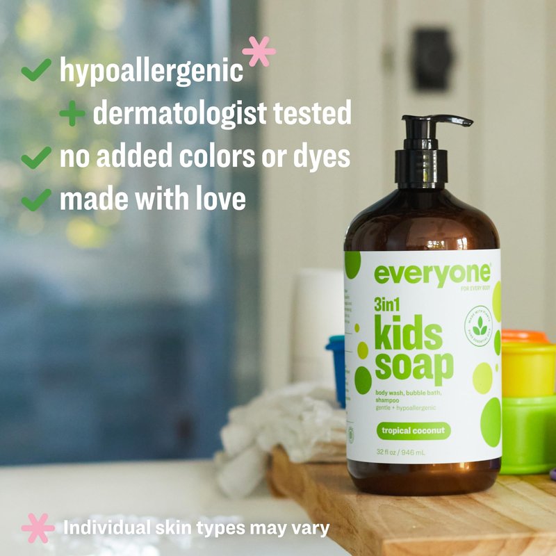 Everyone 3-in-1 Kids Soap, Body Wash, Bubble Bath, Shampoo, 32 Ounce (Pack of 2), Tropical Coconut, made with Essential Oils for Toddlers, Tweens and Teens