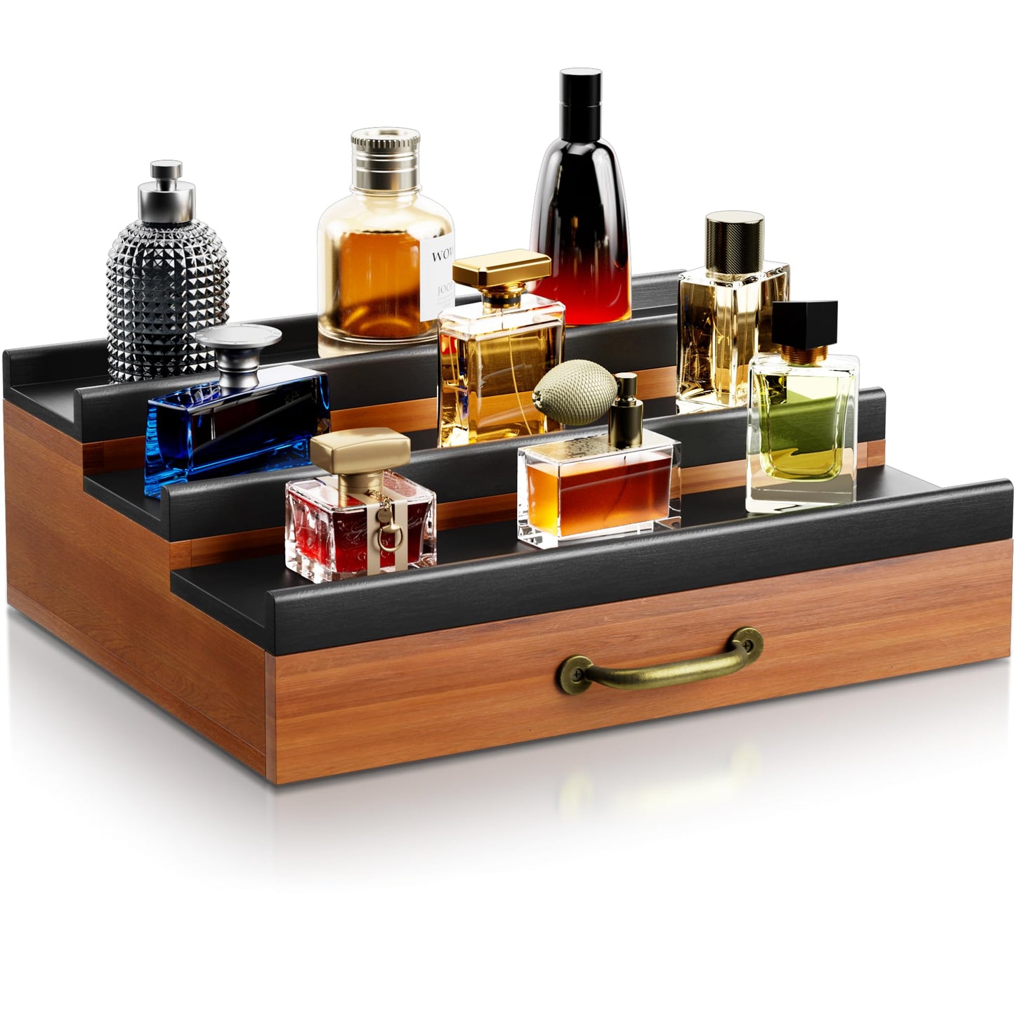 YIKIBOX Cologne Organizer for Men,Wooden Perfume Organizer with Hidden Compartment and Drawer,Cologne Stand and Storage Display Risers for Dresser,Great Gift for Men/Friend（Brown）