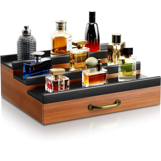 YIKIBOX Cologne Organizer for Men,Wooden Perfume Organizer with Hidden Compartment and Drawer,Cologne Stand and Storage Display Risers for Dresser,Great Gift for Men/Friend（Brown）
