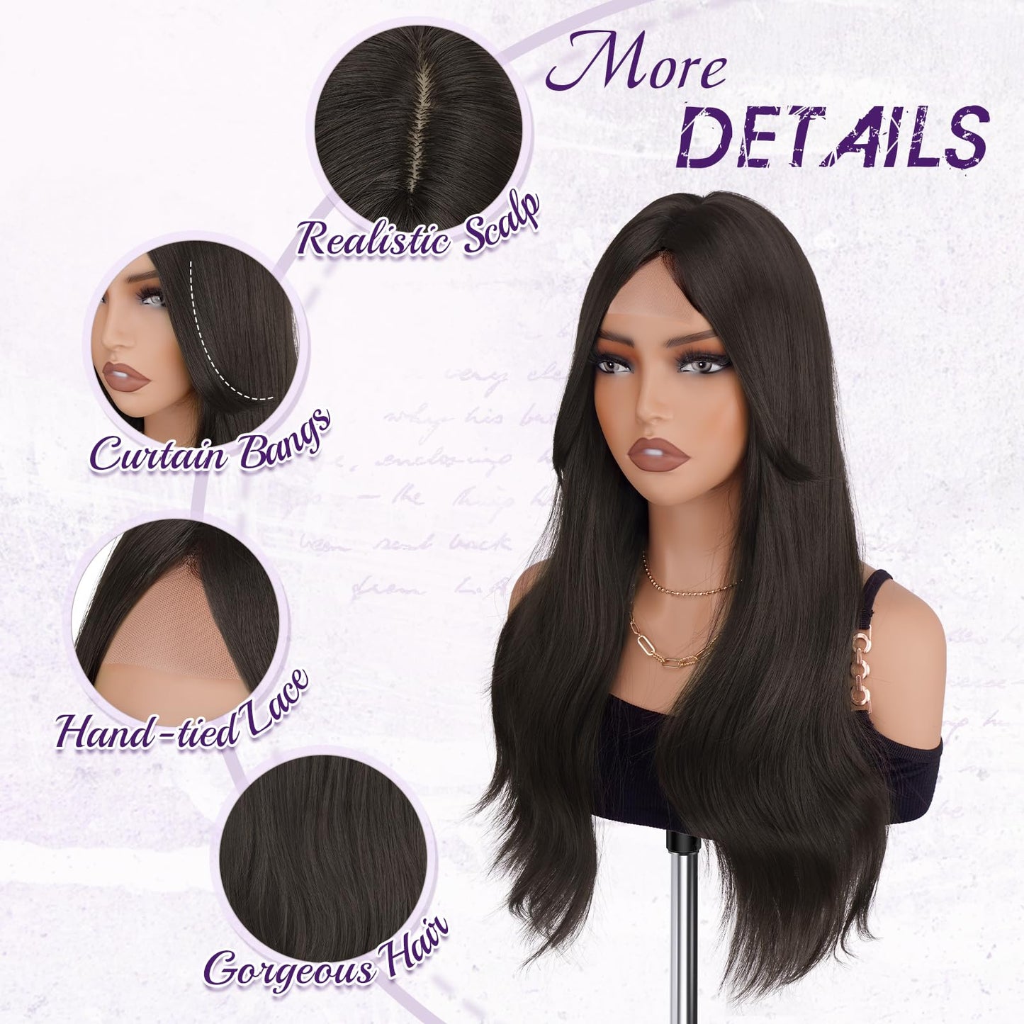 Haloo Brown Wigs with Curtain Bangs - Lace Front Hairline Middle Part Long Layered Natural Looking Wavy Hair Synthetic Women Wig for Daily Party, 22 Inch Dark Brown