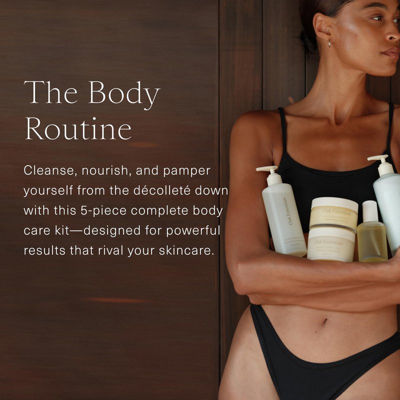 Oak Essentials The Body Routine Set | 5-Step Spa Kit with Blue Tansy Body Lotion, Body Oil, Wash, Scrub & Balm for Hydrated Skin