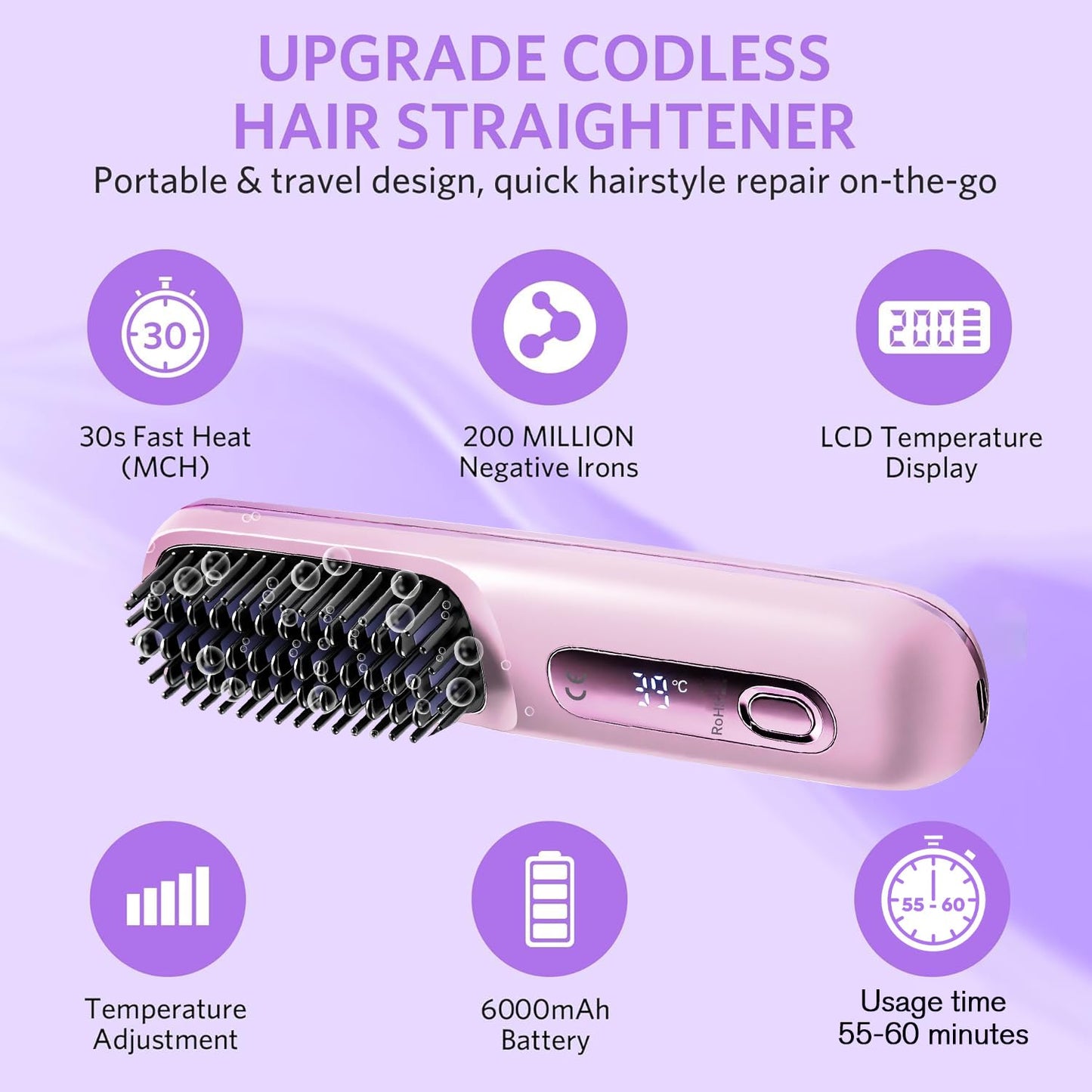Pro Straightener Hair,Gobrush Cordless Hair Straightener,Portable Hot Comb,Compact & Travel-Friendly,Fast Heating