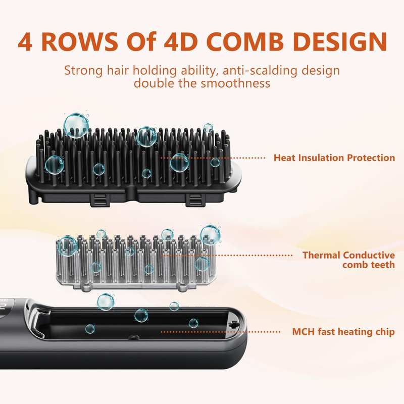 Kawu Electric Hair Straightener, Portable Hot Comb Cordless for Travel, Negative Ion Ceramic Wireless Mini Straightening Comb, USB Rechargeable Anti-Scald Styling Iron for Women & Girls