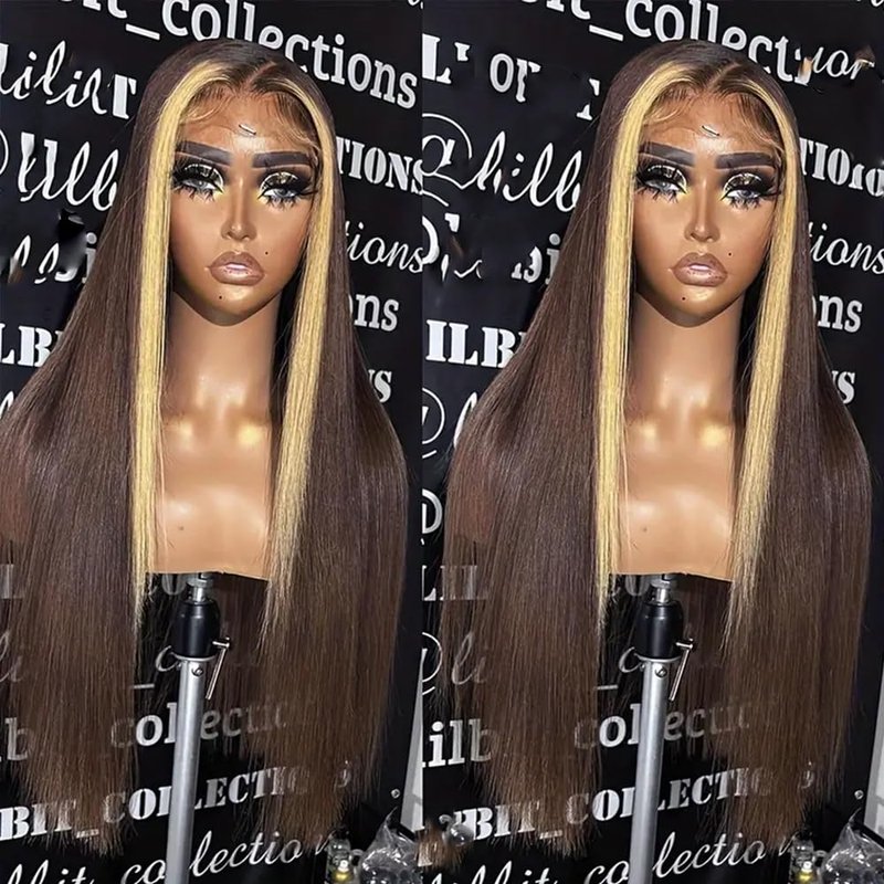 QD-Tizer Brown Hair Color Lace Front Wig Long Straight Hair Wigs Honey Blonde Face Framing Highlights Heat Resistant Synthetic Lace Front Wigs for Fashion Women