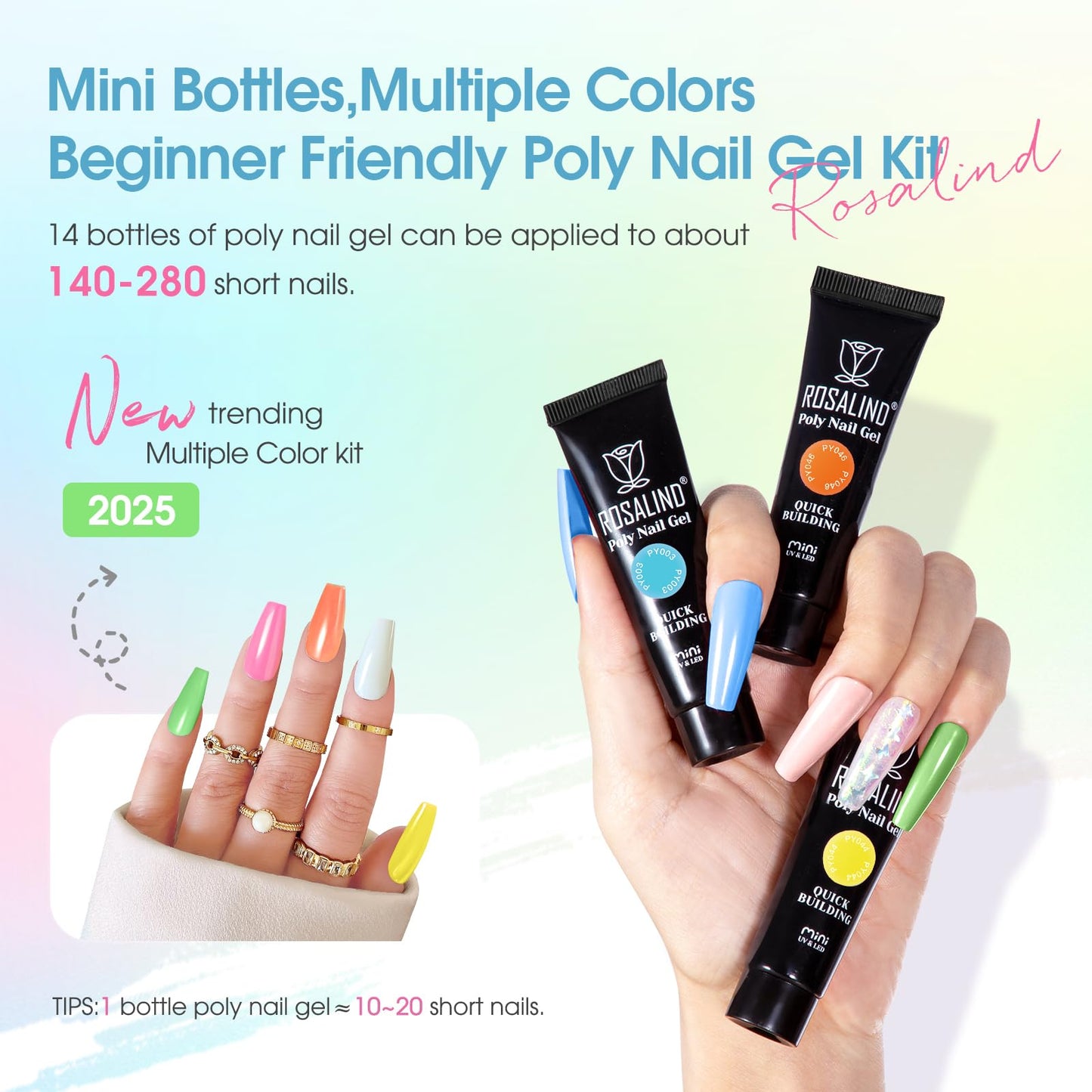 ROSALIND Poly Nail Gel Kit, 14 Colors Clear Nude Glitter Poly Nail Gels Kit with U V Light Poly Nails Gel Starter Kits For All Seasons Beginner DIY at Home