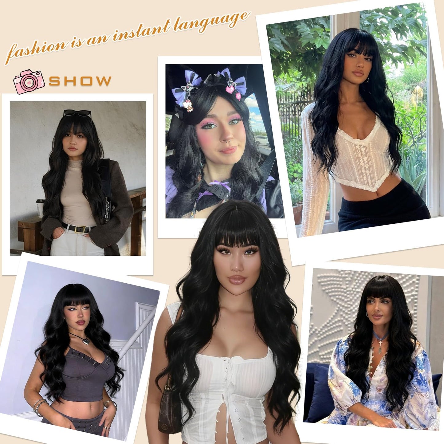 MINSEEYOO Black Wig with Bangs for Women Long Black Wavy Wigs 26 Inch Natural Black Wigs Natural Looking Heat Resistant Synthetic Wig for Daily Party Use